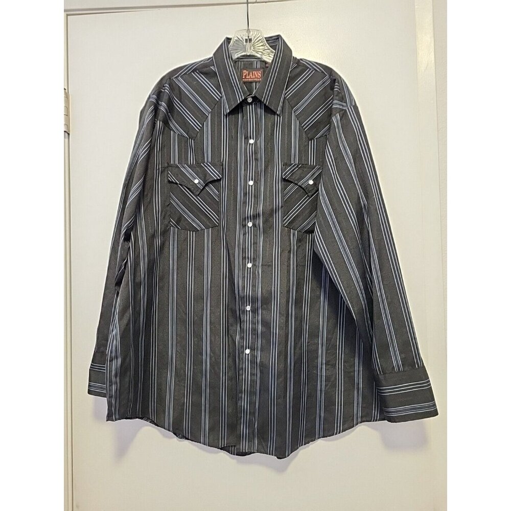 Vintage Western Plains Rodeo Pearl Snap Shirt Blue Black Diagonal Striped XL